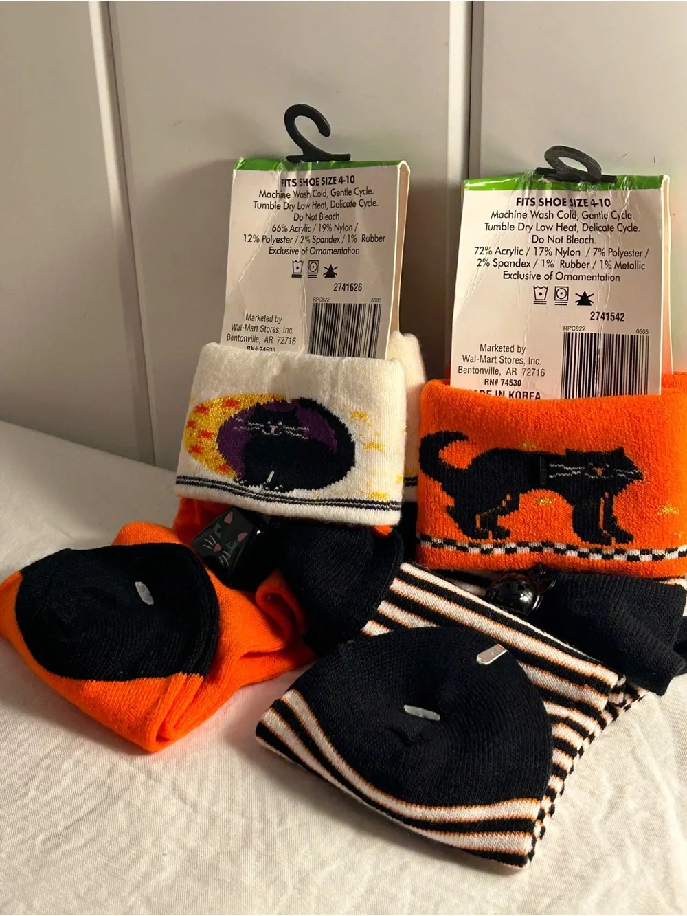 Vintage 90s Halloween Socks Walmart Womens 2 Pack Black Cat Jingle Bells LOT